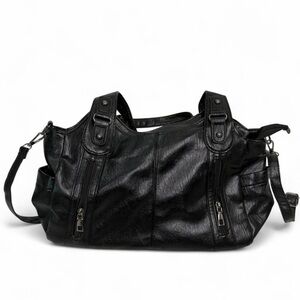 City Y2K Retro Utility Grunge Large Black Faux Leather Tote Silver Hardware Chic